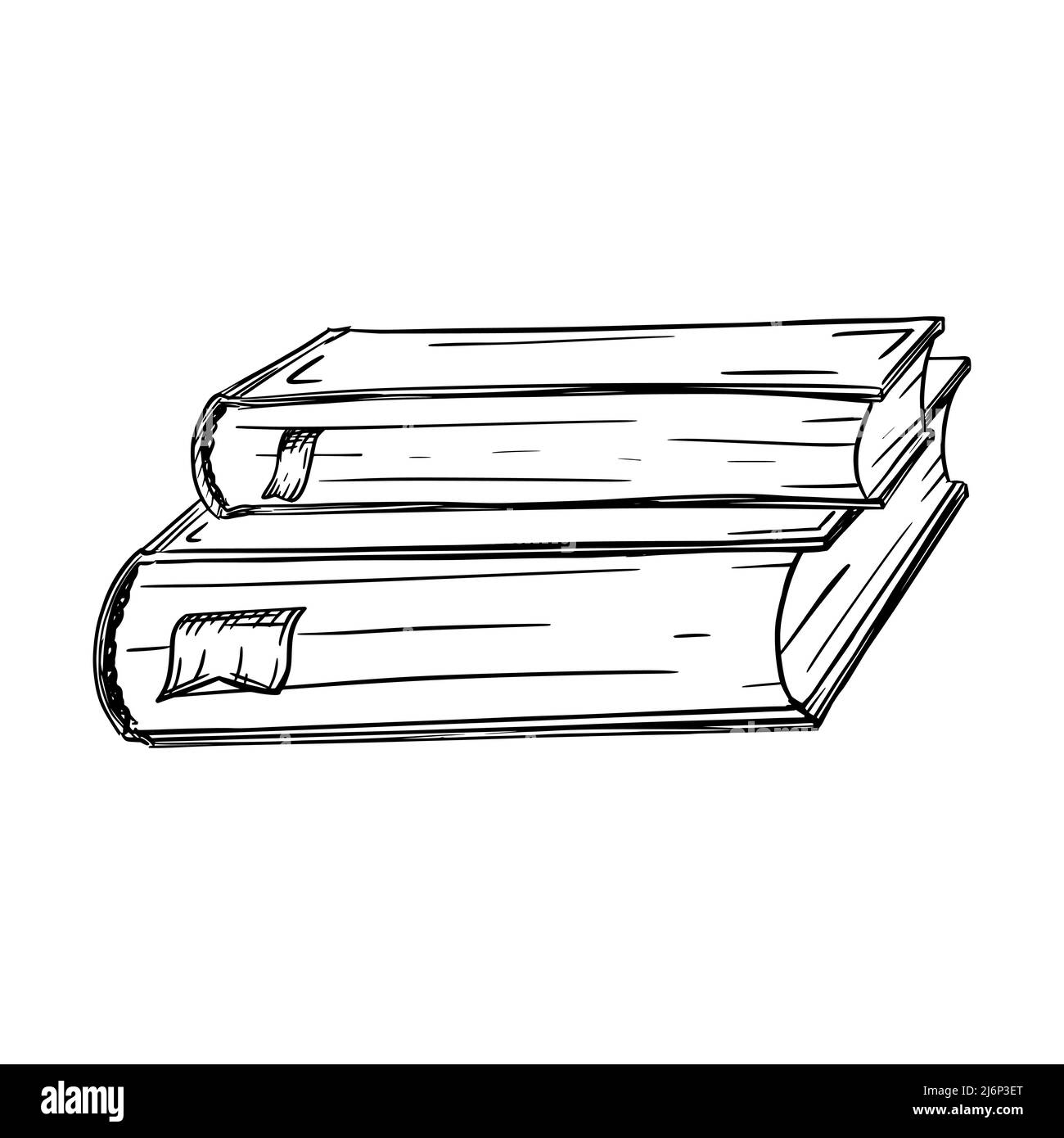 Sketch of books with bookmarks. Two books are stacked on top of each other. Textbooks are in perspective. For education, reading, and studying. Hand d Stock Vector