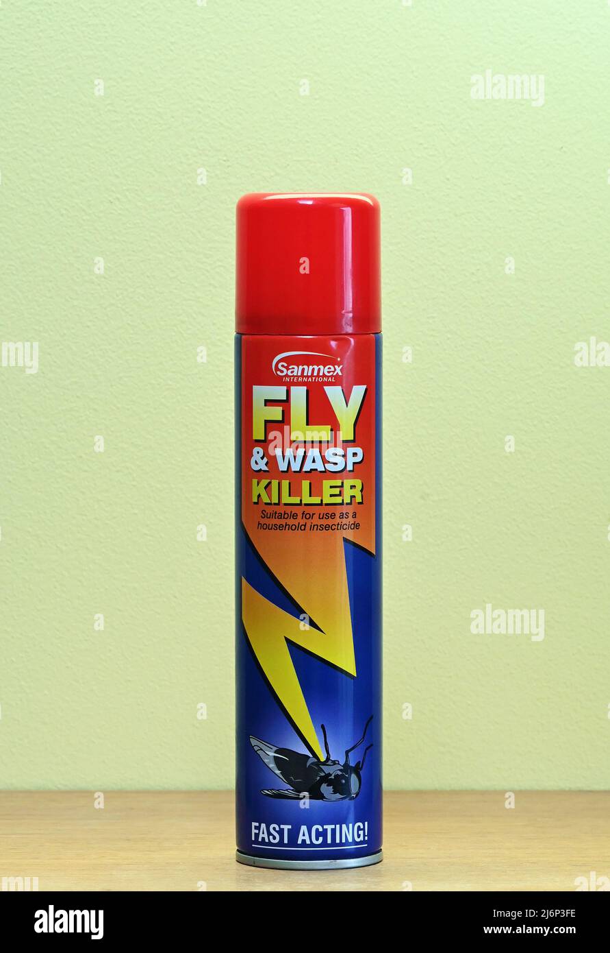 Sanmex International. Fly & Wasp Killer. Suitable for use as a household insecticide. Fast Acting! Spray can. Stock Photo