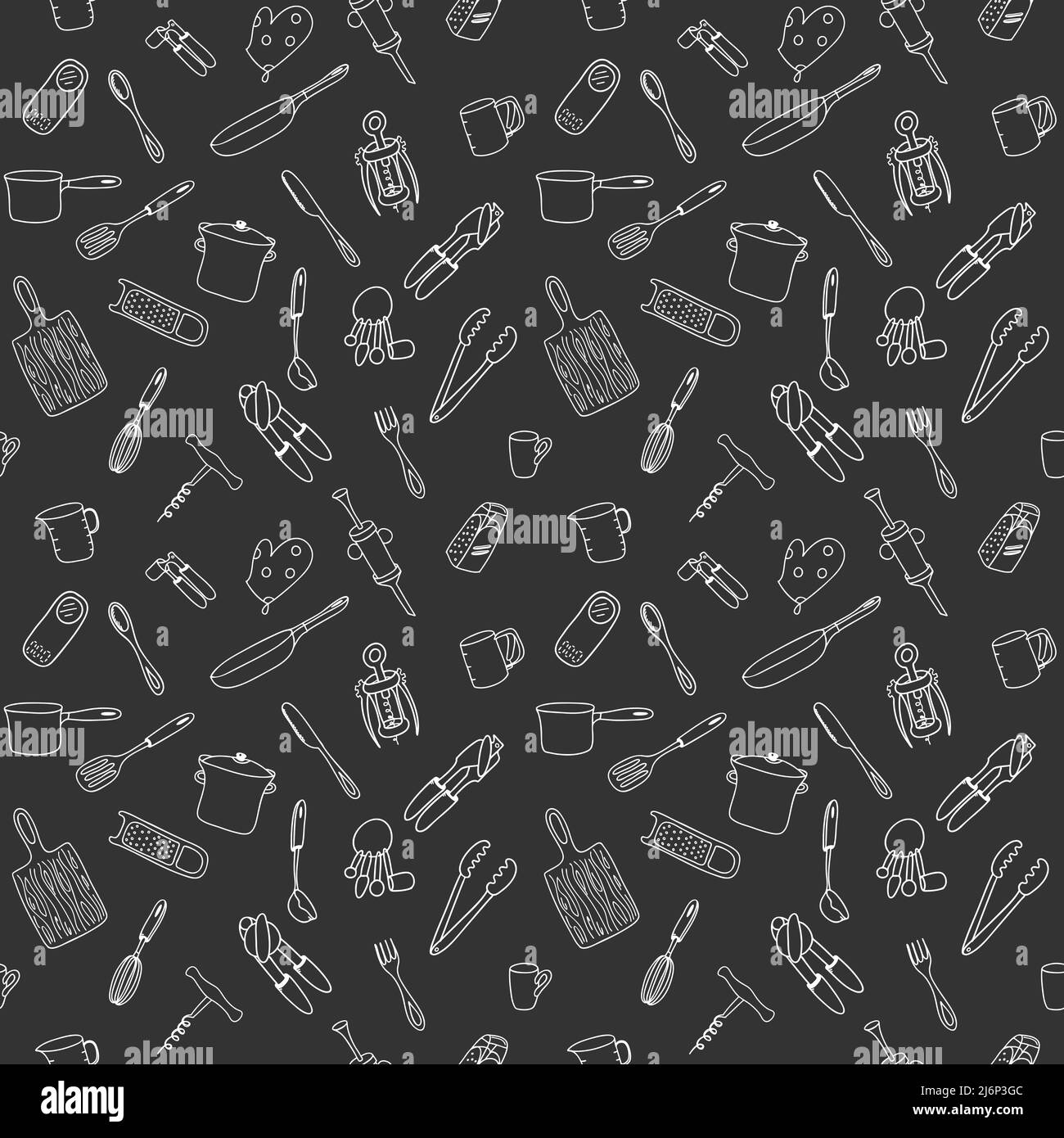 Seamless pattern with elements of kitchen utensils, utensils and appliances. Black-white background for menu design,brochures, web pages.Doodle illust Stock Vector
