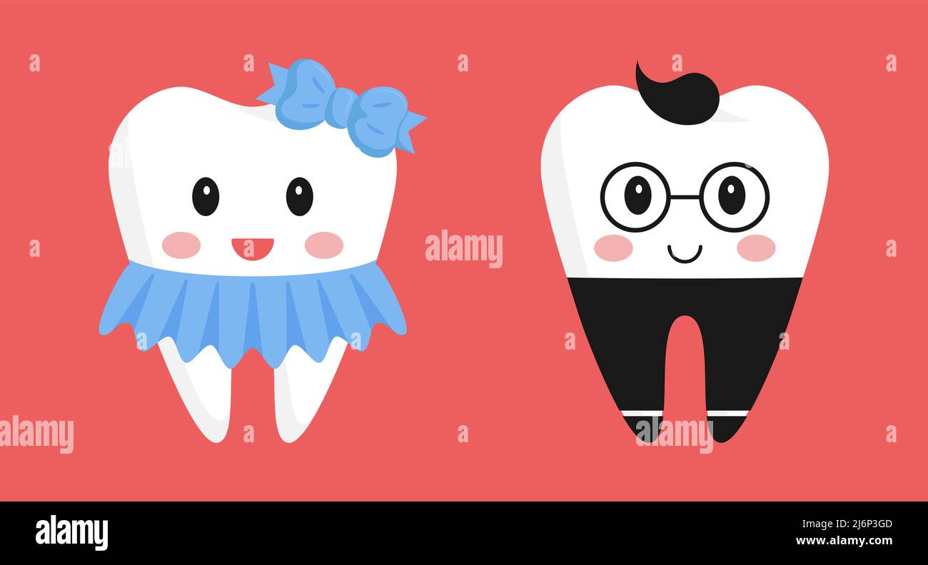 A pair of teeth characters. Cute girl in a skirt and with a bow, adorable boy in trousers and glasses. The design elements in funny cartoon style.Pedi Stock Vector