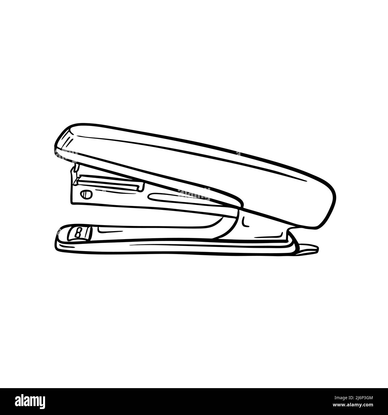 A sketch of the stapler. Stationery, office supplies for paper binding. Engraving style. Digital drawing. Side view. Hand drawn and isolated on white. Stock Vector