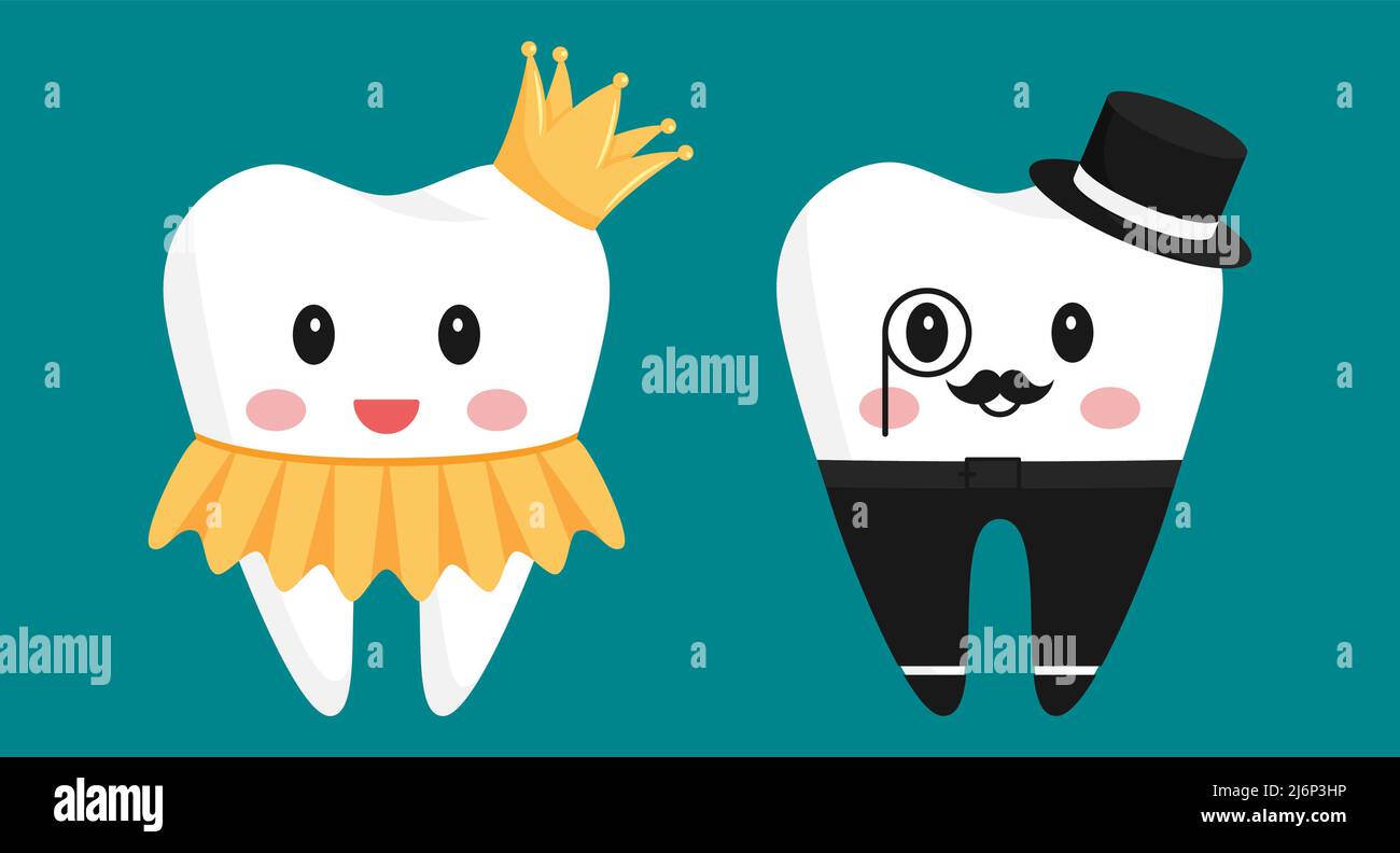 A pair of teeth characters. Cute girl in a skirt and with a crown on her head, boy in trousers and hat. The design elements in funny cartoon style.Ped Stock Vector