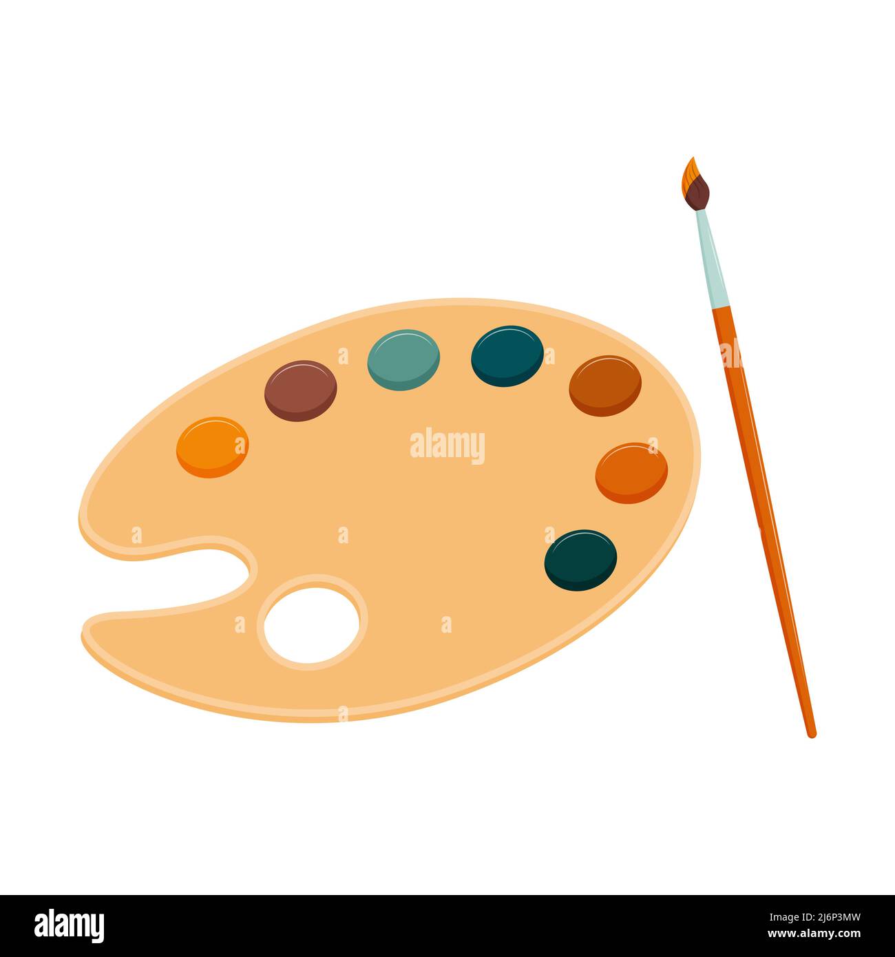 Wooden palette with paints and brush in paint. Supplies for school children and artists. Tools for drawing and creativity. Isolated on a white backgro Stock Vector