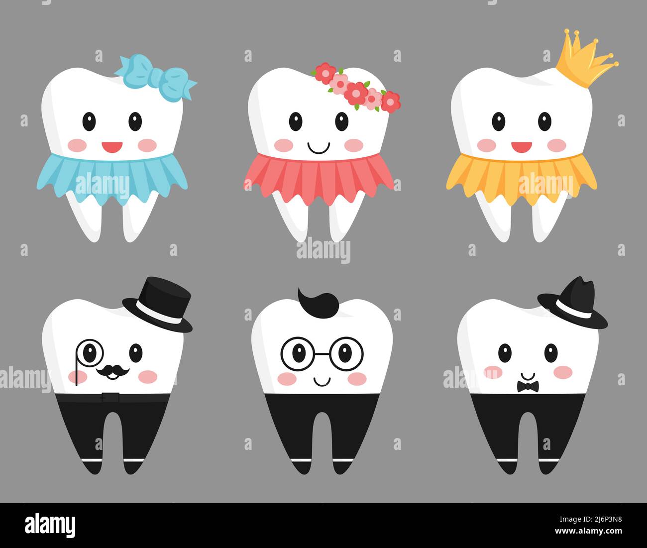 Set of 6 teeth characters. Girls in a dress and with a wreath, crown and bow. Boys with glasses and hats. The design elements in funny cartoon style.P Stock Vector