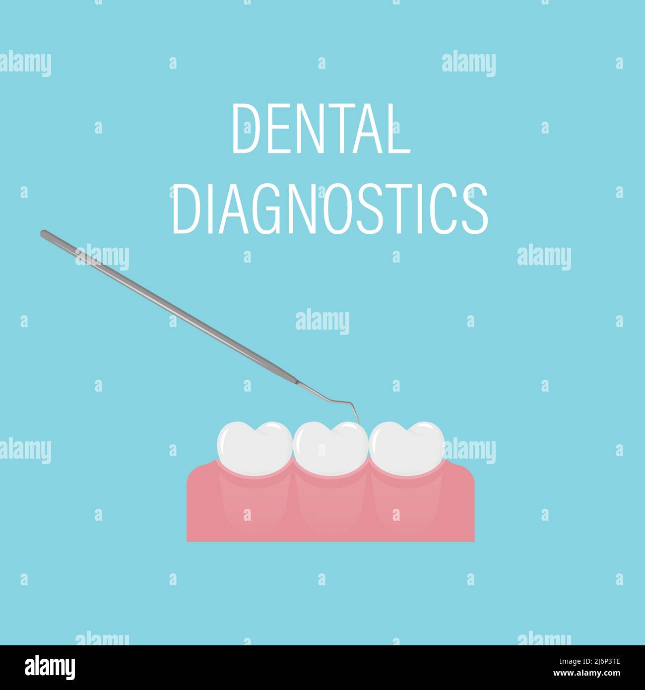 Dental examination of teeth with the medical tool. Professional preventive dental appointment. Simple white teeth in a row. Oral hygiene. Dental and o Stock Vector