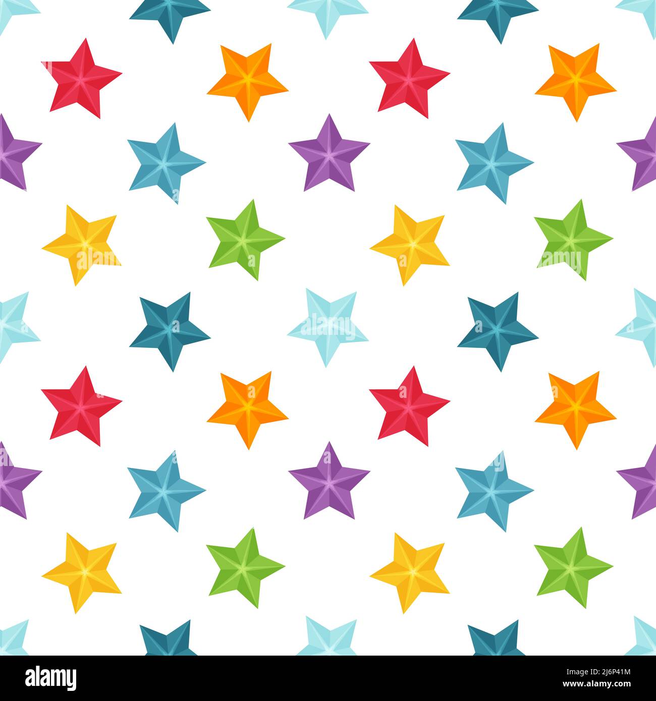 Bright seamless pattern with multi-colored stars on a white background. Great for wrapping paper, gift boxes, fabric. Flat-style objects are isolated Stock Vector