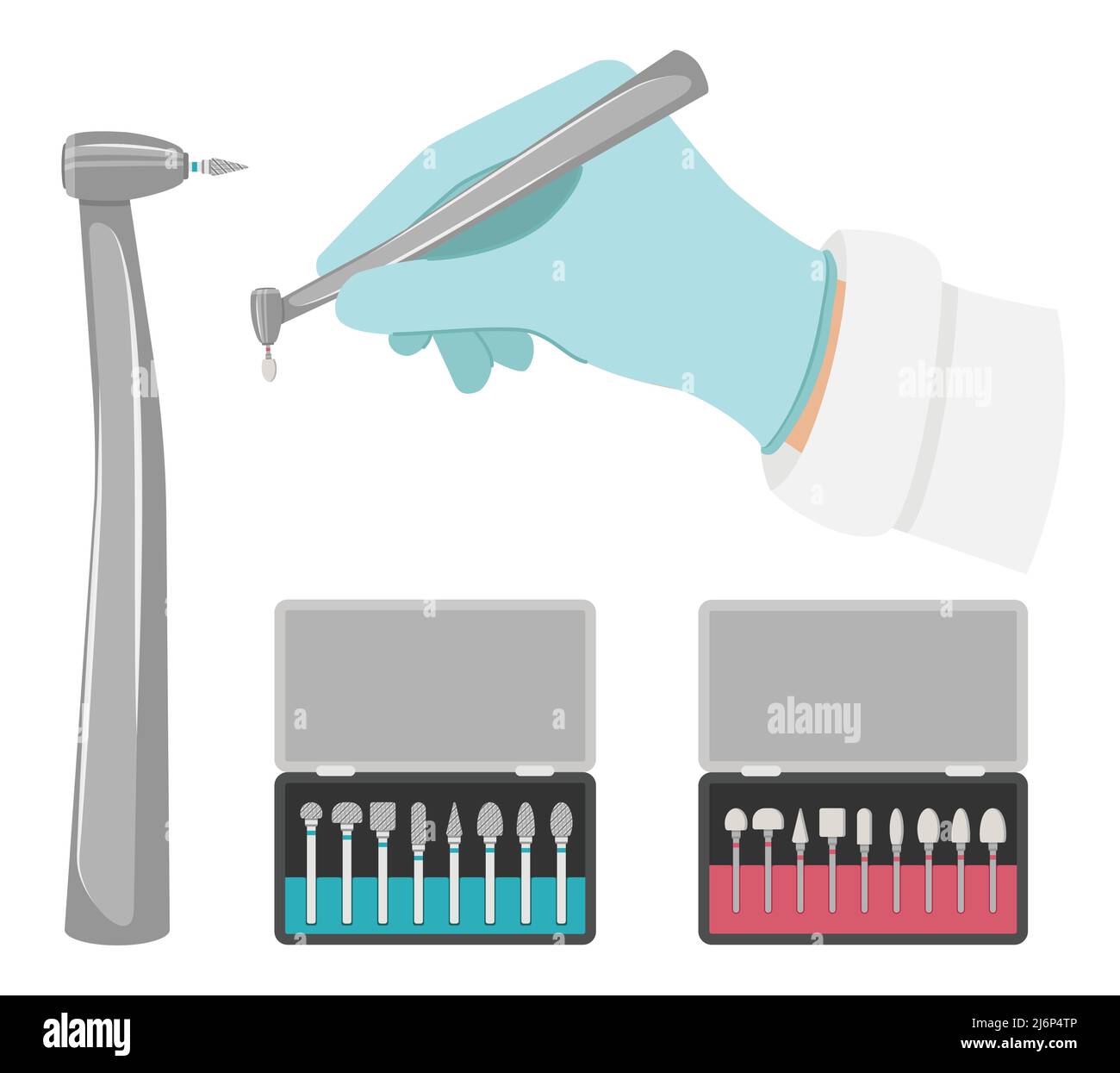 Dental drill and a set of cutters for it. The hand holds drill with a grinding nozzle.Different attachments for dental care,cleaning and treatment.Vec Stock Vector