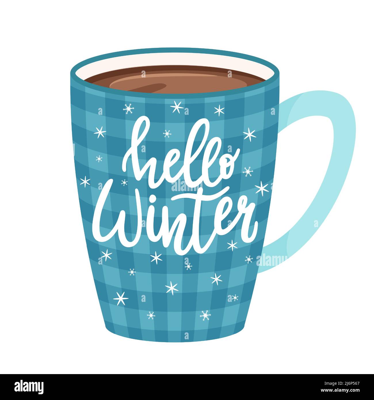 Checkered blue mug with coffee, cocoa or tea. Cup with a hot drink.Handwritten inscription-Hello winter. Hand lettering. Vector illustration in flat s Stock Vector