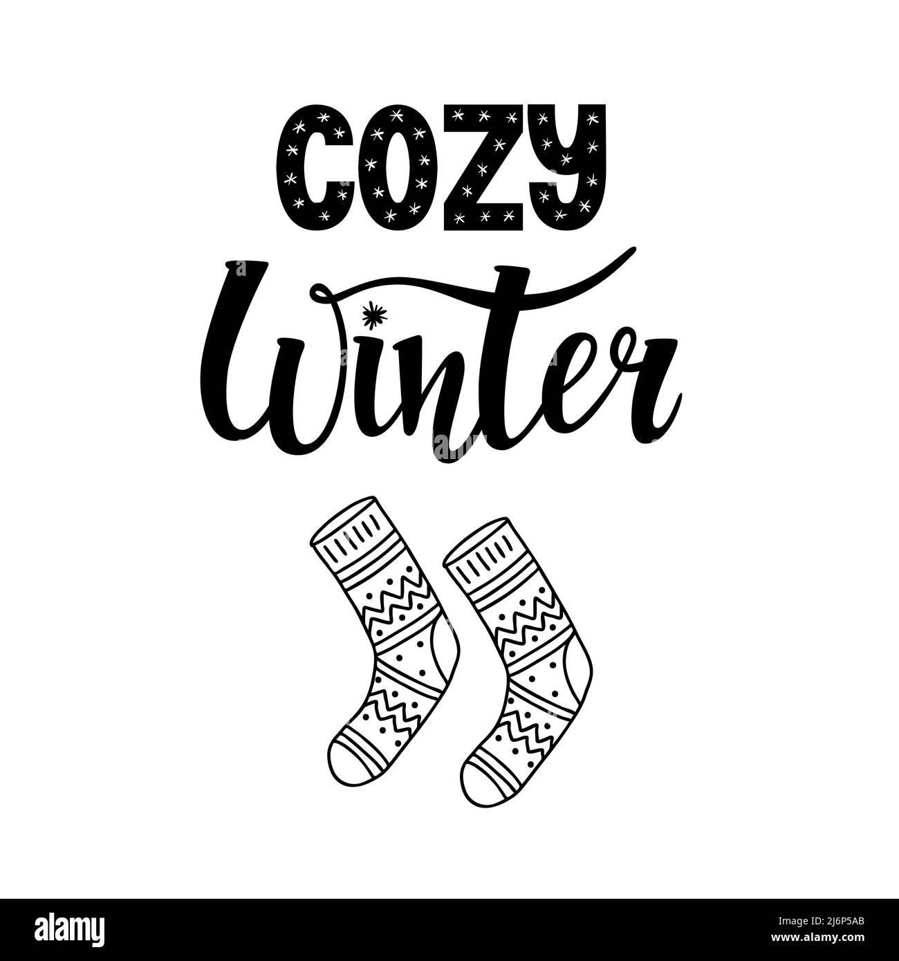 The words are hand-drawn, the inscription-Cozy winter. Hand lettering with Doodle style socks. Vector black and white illustration. Isolated on a whit Stock Vector