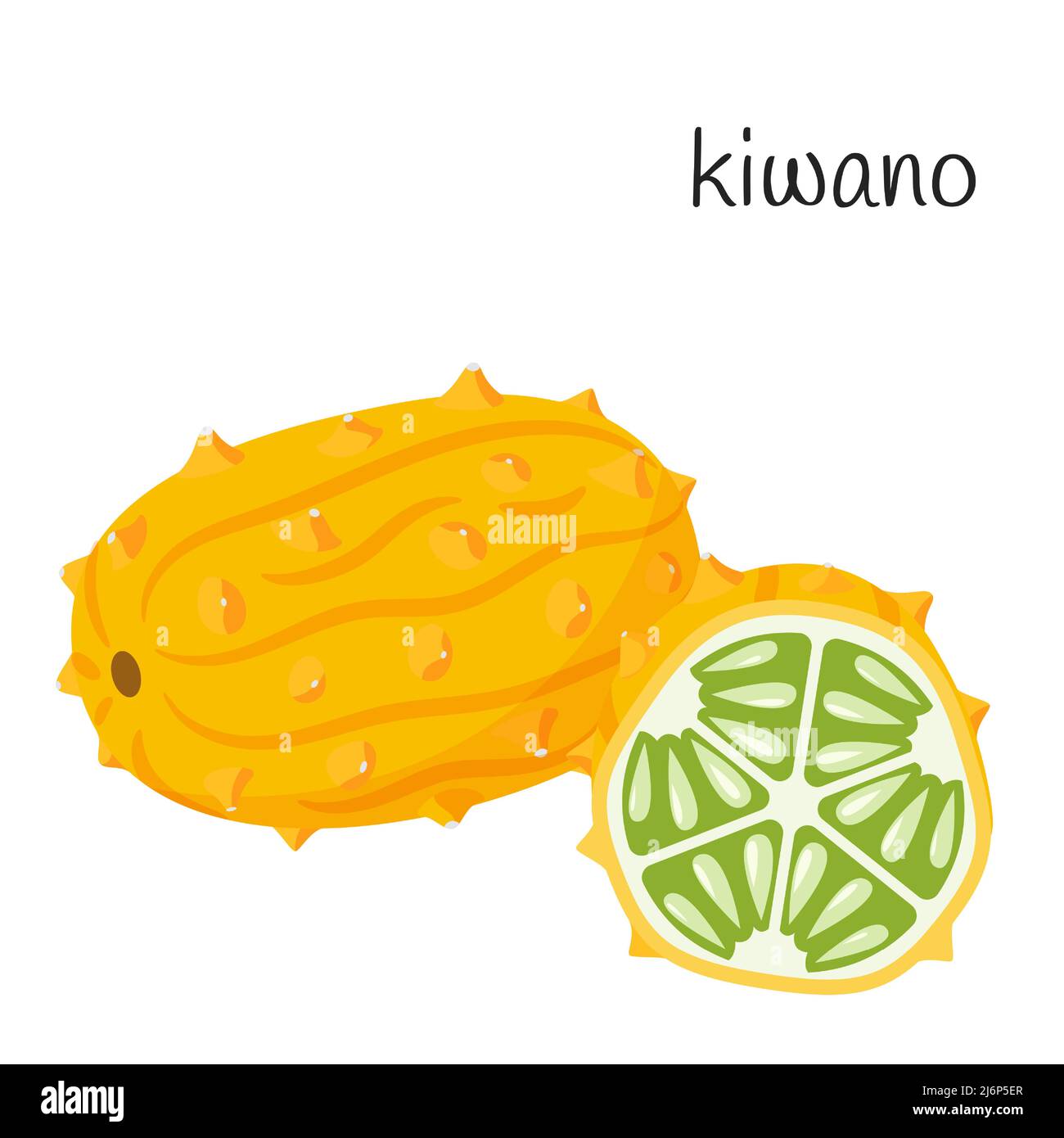 Whole kiwano in the skin and cut half with seeds and pulp. Exotic, tropical fruit icon. Tropical cucumber. Flat style. Color vector illustration isola Stock Vector