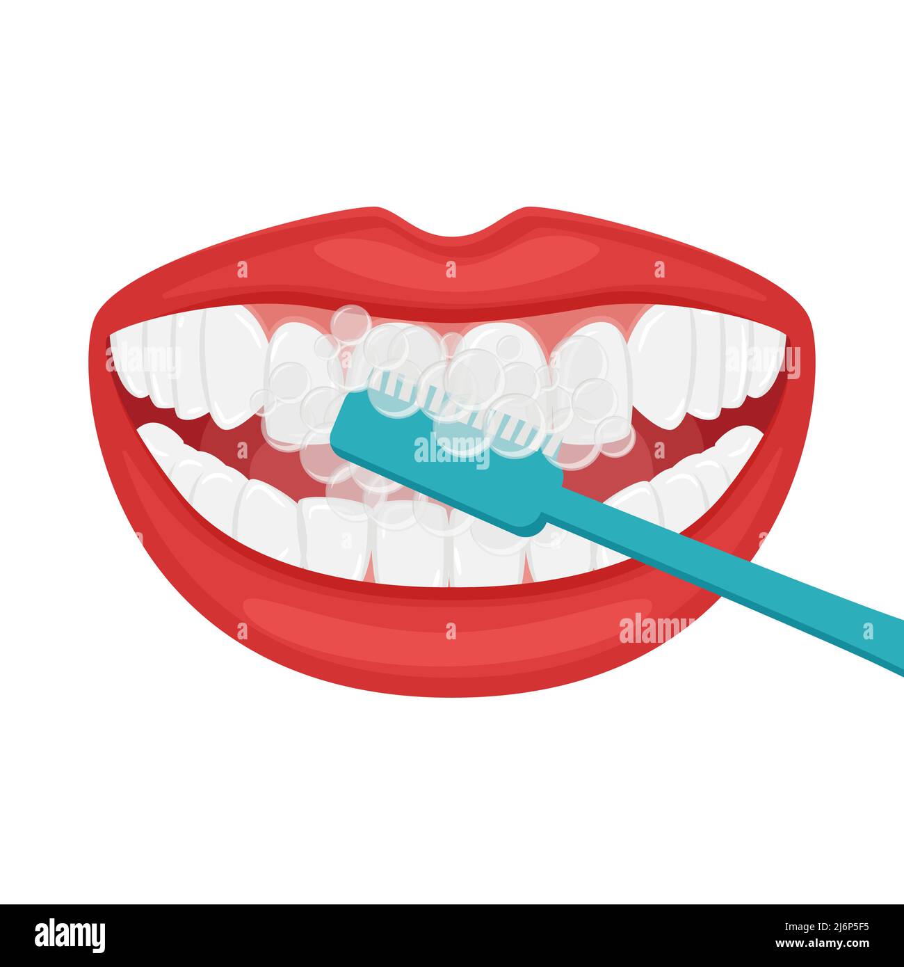Smiling open mouth. Brushing your teeth with a toothbrush. Beautiful even white teeth and plump female lips. Oral hygiene and care. Healthy lifestyle. Stock Vector