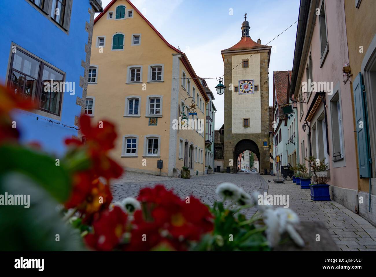 beautiful architecture of romantic Rothenburg ob der Tauber with timbered Fachwerkhaus syle houses in Bavaria Germany . Stock Photo