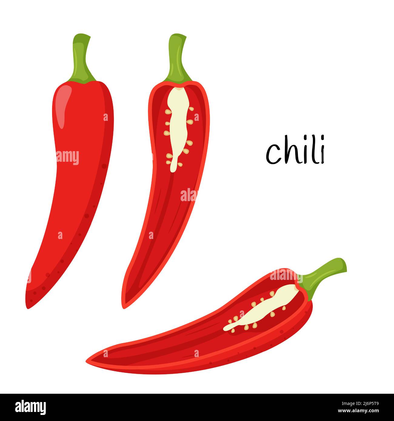 Red hot chili pepper. Whole, half in cross-section, cut. Ingredient, an element for the design of food packaging, recipes, and menus. Isolated on whit Stock Vector