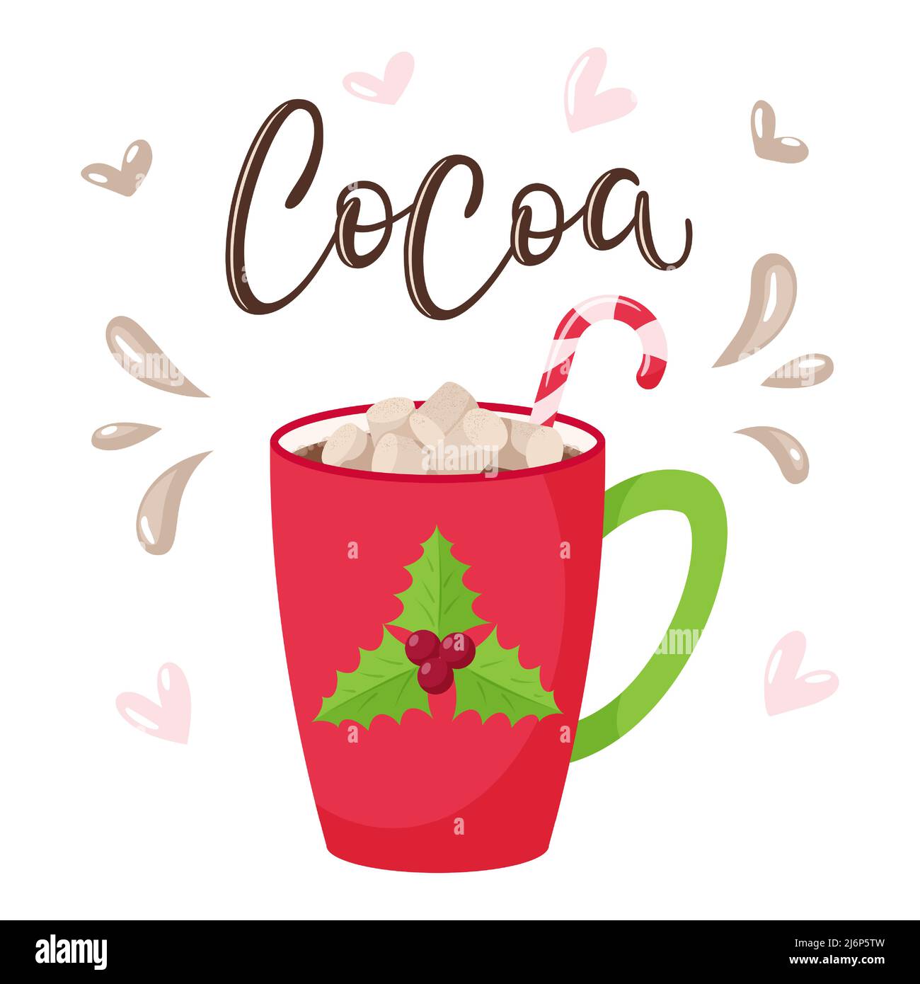 Mug with cocoa, marshmallow and candy cane. Red Cup with Holly.Handwritten inscription-Cocoa.Hand lettering. Vector illustration in a flat style with Stock Vector