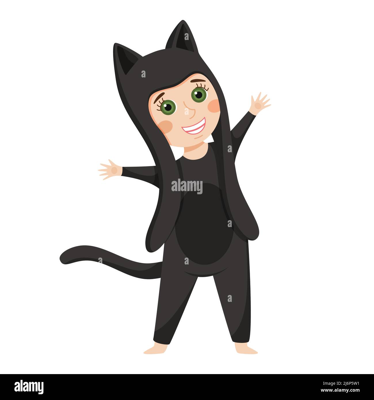 A girl in a black cat costume. Fancy dress. Funny cartoon character is  happy. The child stands with his arms outstretched. Flat vector  illustration. I Stock Vector Image & Art - Alamy