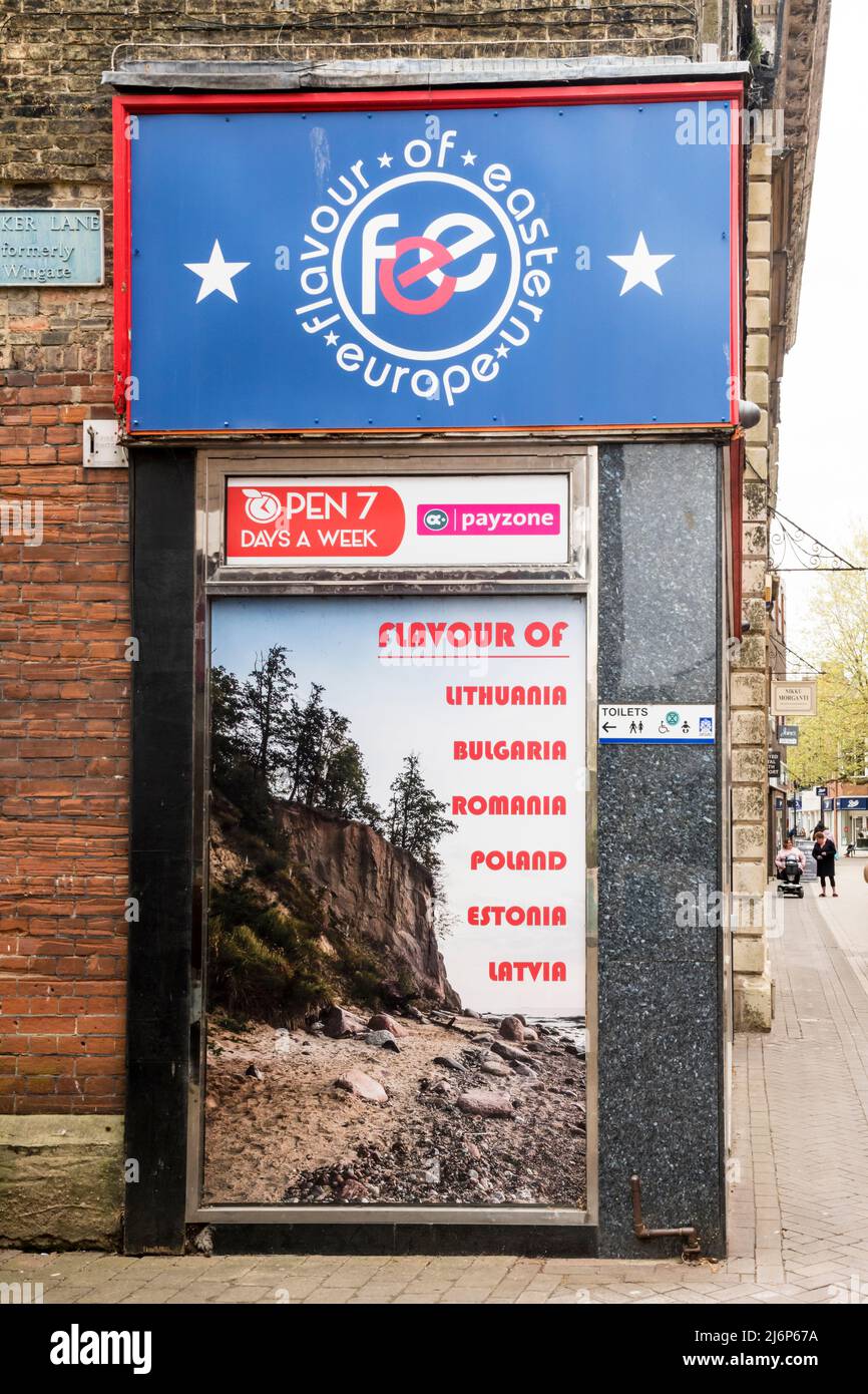 Flavour of Eastern Europe, Eastern European food shop in King's Lynn High Street. Stock Photo