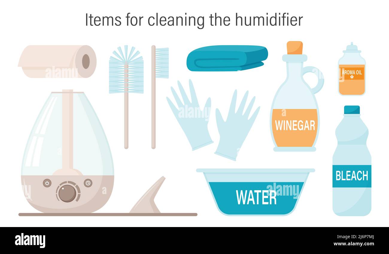A set of items for cleaning and caring for the steam ultrasonic humidifier, mist diffuser. Vector illustration. Isolated on a white background Stock Vector