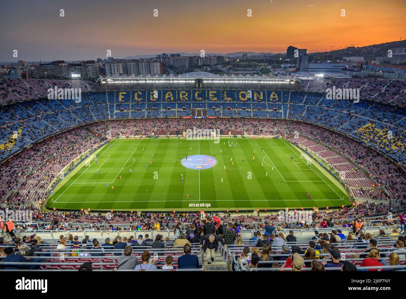 Panoramic view of the Camp Nou stadium at sunset, on a match day of the FC Barcelona first team (Barcelona, Catalonia, Spain)  ESP: Vista del Camp Nou Stock Photo