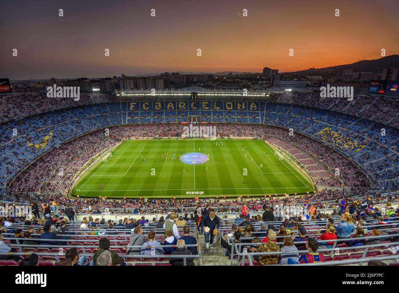 Panoramic view of the Camp Nou stadium at sunset, on a match day of the FC Barcelona first team (Barcelona, Catalonia, Spain)  ESP: Vista del Camp Nou Stock Photo