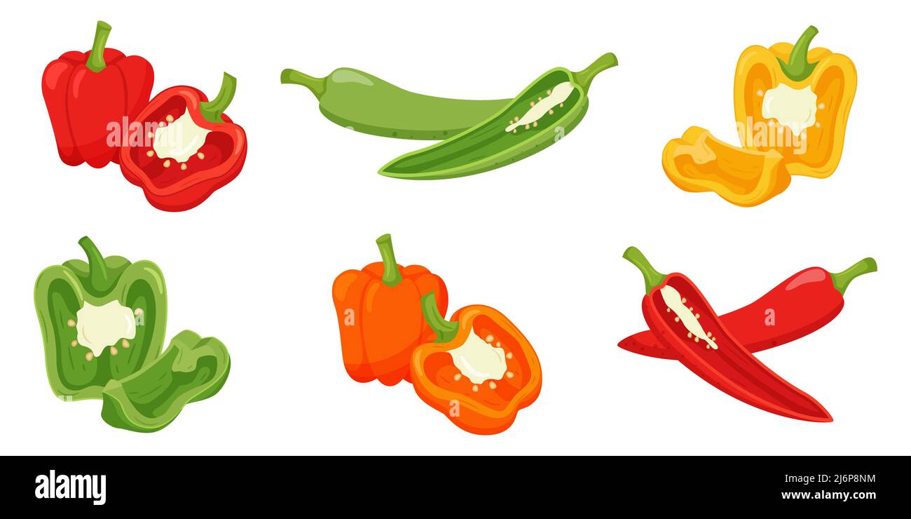 Set of sweet peppers. Whole peppers, halves with a sprig, and a quarter cut. Cut off half in a cross section. Food, vegetable in flat style. Isolated Stock Vector