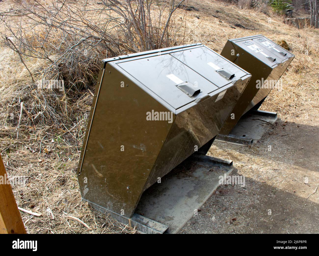 Bear and Wildlife Proof Garbage and Recycling Disposal Box in Parks Area Stock Photo