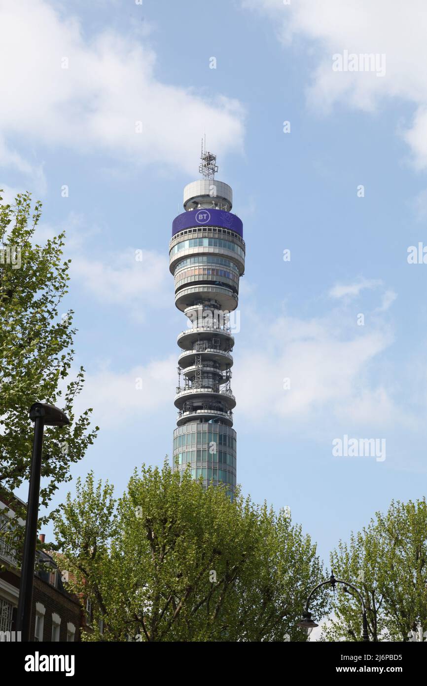 London, Top of the BT British Telecom Tower against blue sky view from  Goodge Street, London, England, UK, 2022 daytime Stock Photo - Alamy