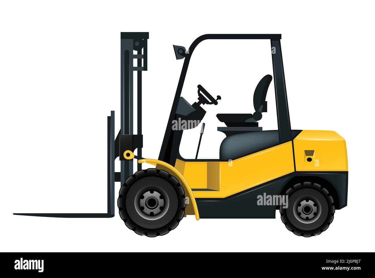 Forklift loading cargo pallet shipment at warehouse, freight industry warehouse logistics transport, side view of cargo loader, vector Stock Vector