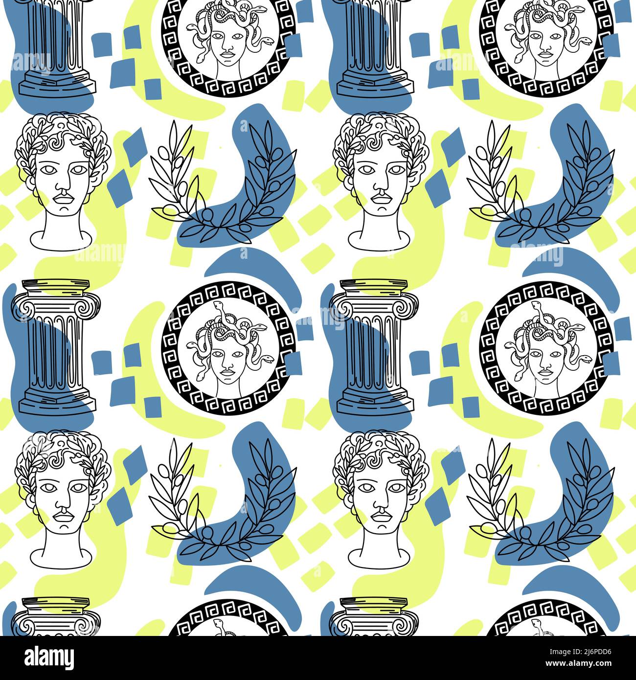 A seamless pattern of a bust of Perseus and a coin depicting Medusa Gorgon. Hand-drawn sketch-style doodle elements. The feat of Perseus. Greece. Laur Stock Vector