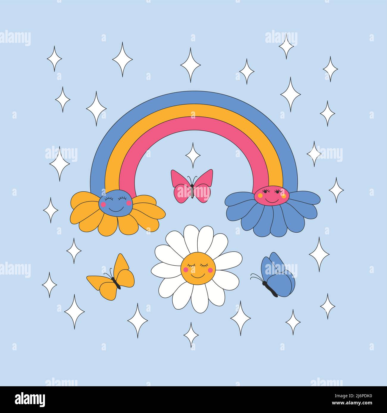 Retro daisies and sparkles on blue background. Stock Vector