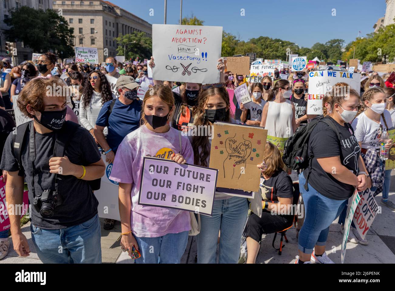 WASHINGTON, D.C. – October 2, 2021: Demonstrators rally in Washington, D.C.’s Freedom Plaza during the 2021 Women’s March. Stock Photo