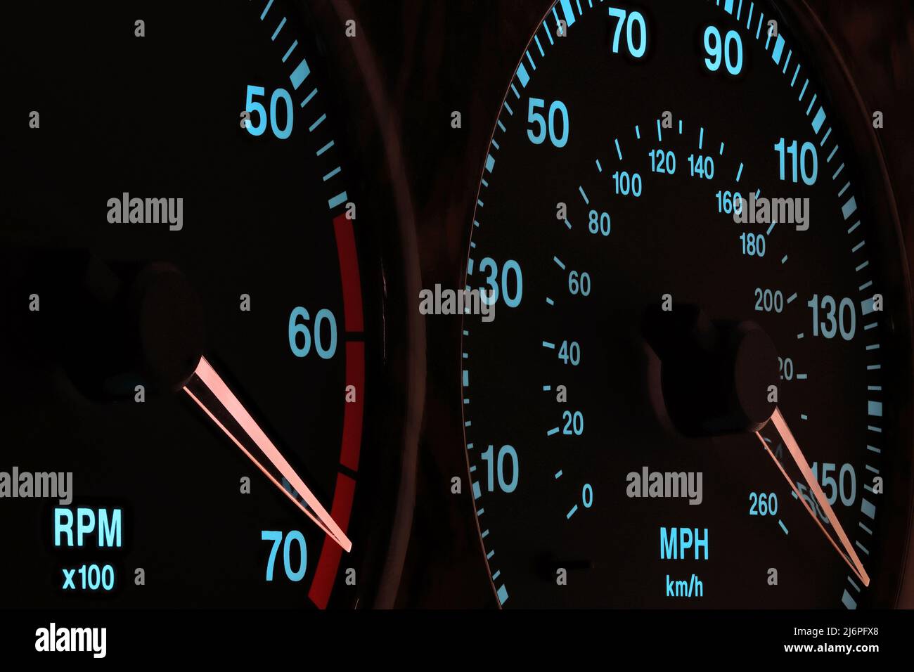 tachometer and speedometer in car dashboard at full power in