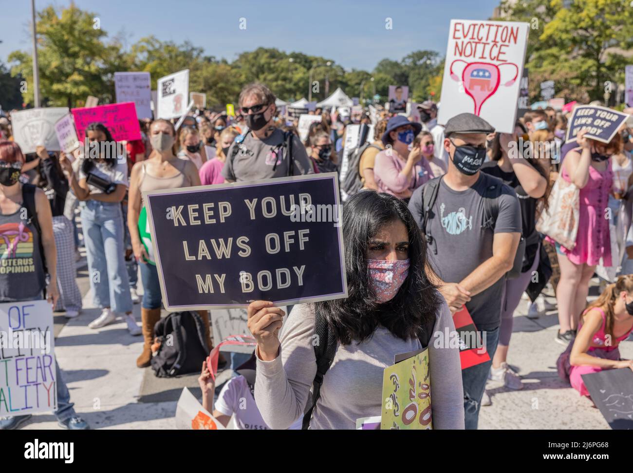 WASHINGTON, D.C. – October 2, 2021: Demonstrators rally in Washington, D.C.’s Freedom Plaza during the 2021 Women’s March. Stock Photo