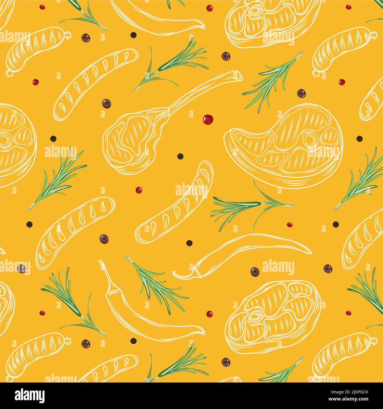 Barbecue grill seamless pattern in vintage style. Drawn by hand. Bbq party ingredients. Hot grill food, beer and tools, vegetables and spices. Vector Stock Vector