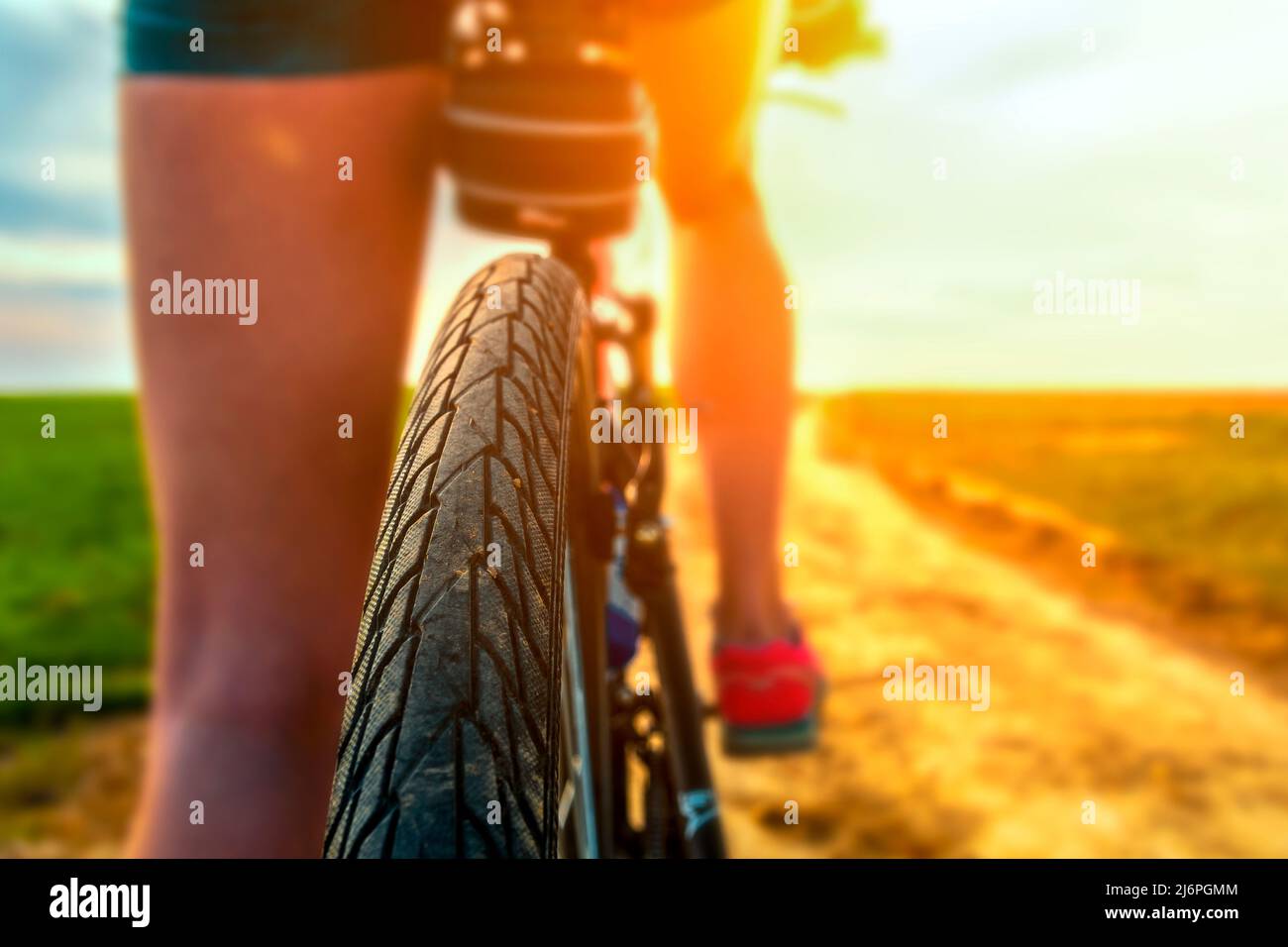 Rear view of a bicycle wheel on a country road at sunny day. Close up view of a bicycle protector. Cycling on a beautiful sunny day. Bike touring. Stock Photo