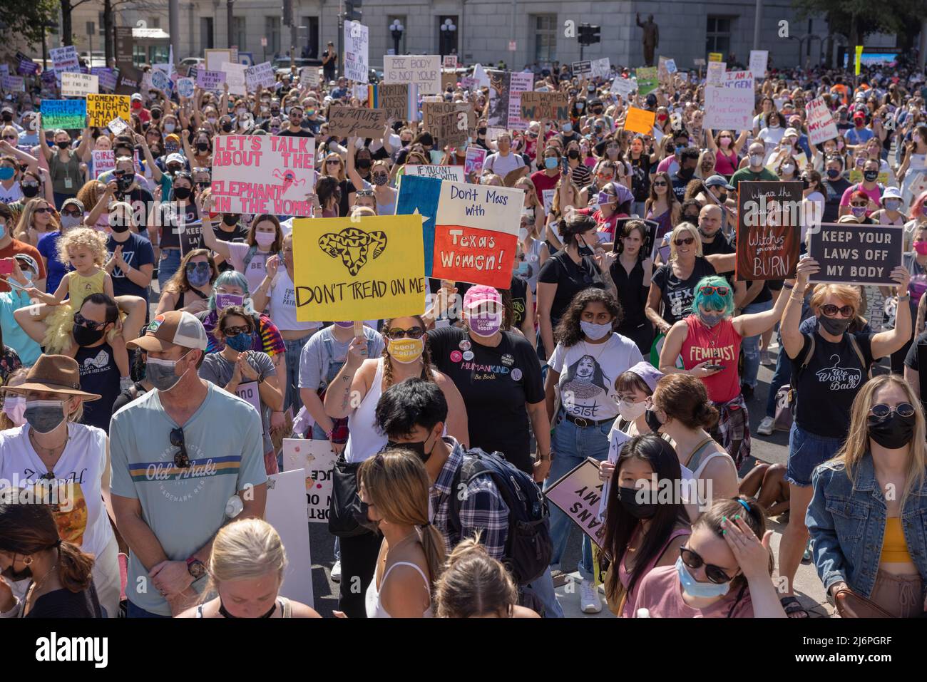 WASHINGTON, D.C. – October 2, 2021: Demonstrators rally near Washington, D.C.’s Freedom Plaza during the 2021 Women’s March. Stock Photo
