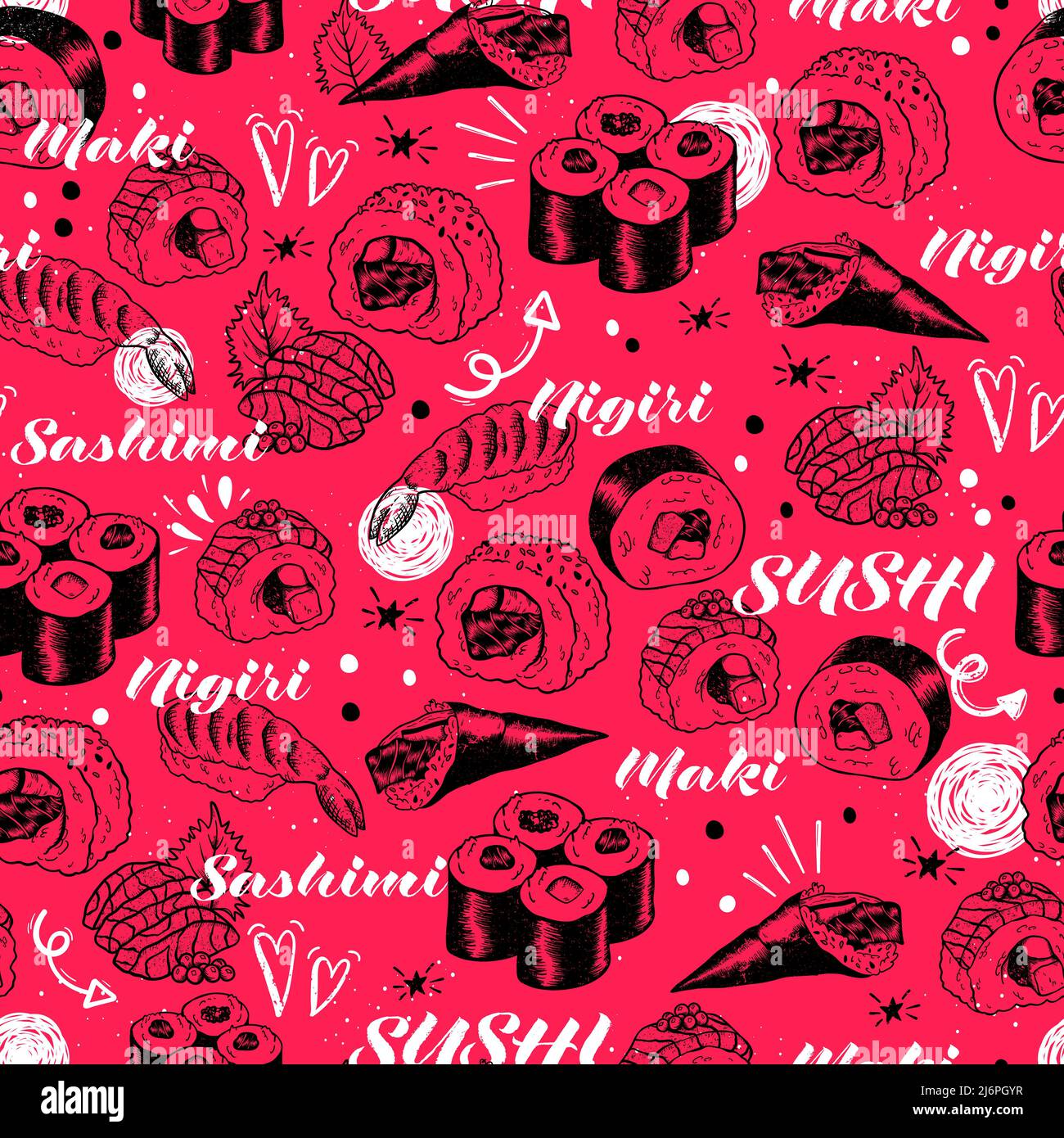 Beautiful hand drawn sushi seamless pattern, sketch design, doodle