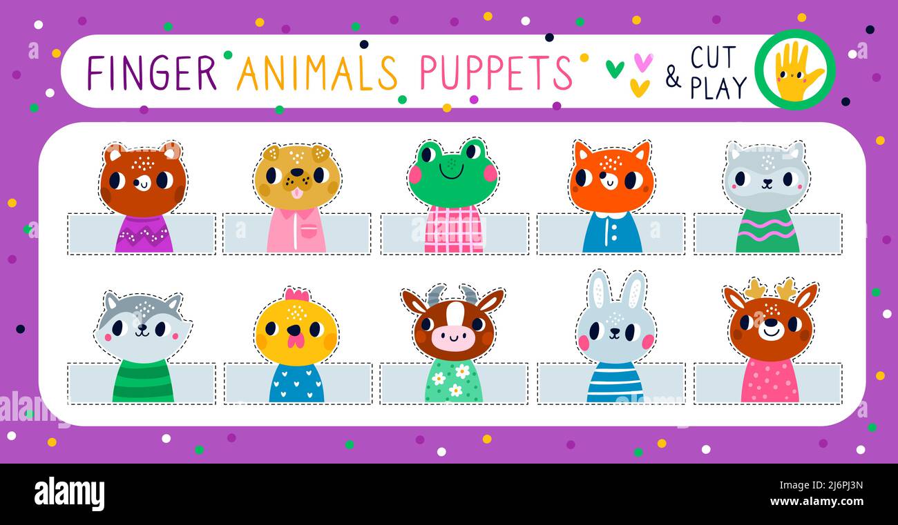 Finger puppets. Children theatre game. Cute animals. Creative abilities development. Stitched dolls. Stuffed mini toys. Funny muzzles and scissors cut Stock Vector