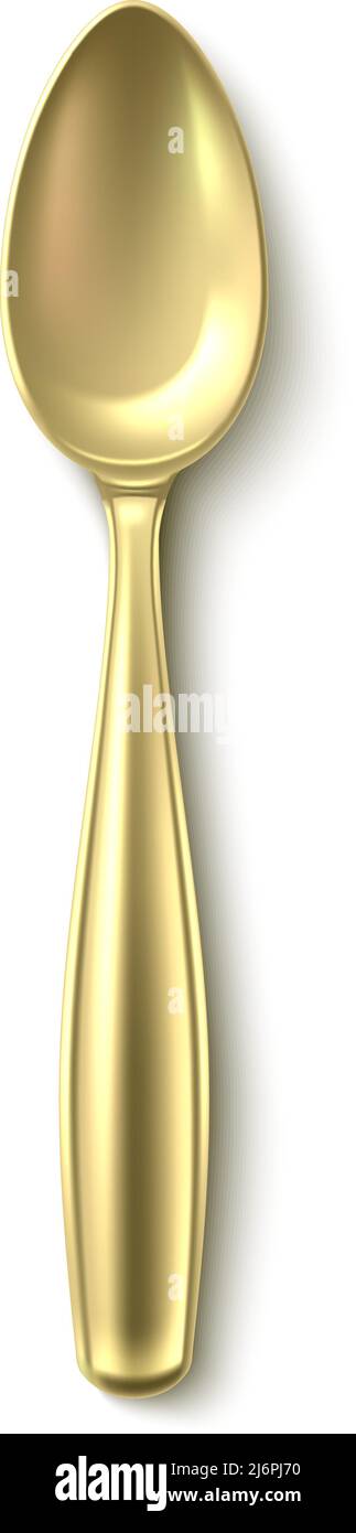 Golden spoon top view. Realistic metal cutlery Stock Vector