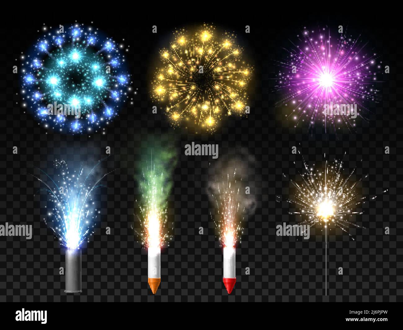 Realistic pyrotechnics. Festive fireworks types. 3D holiday explosions and roman candles. Rockets and sparkling fountain. Bengal light. Glowing petard Stock Vector
