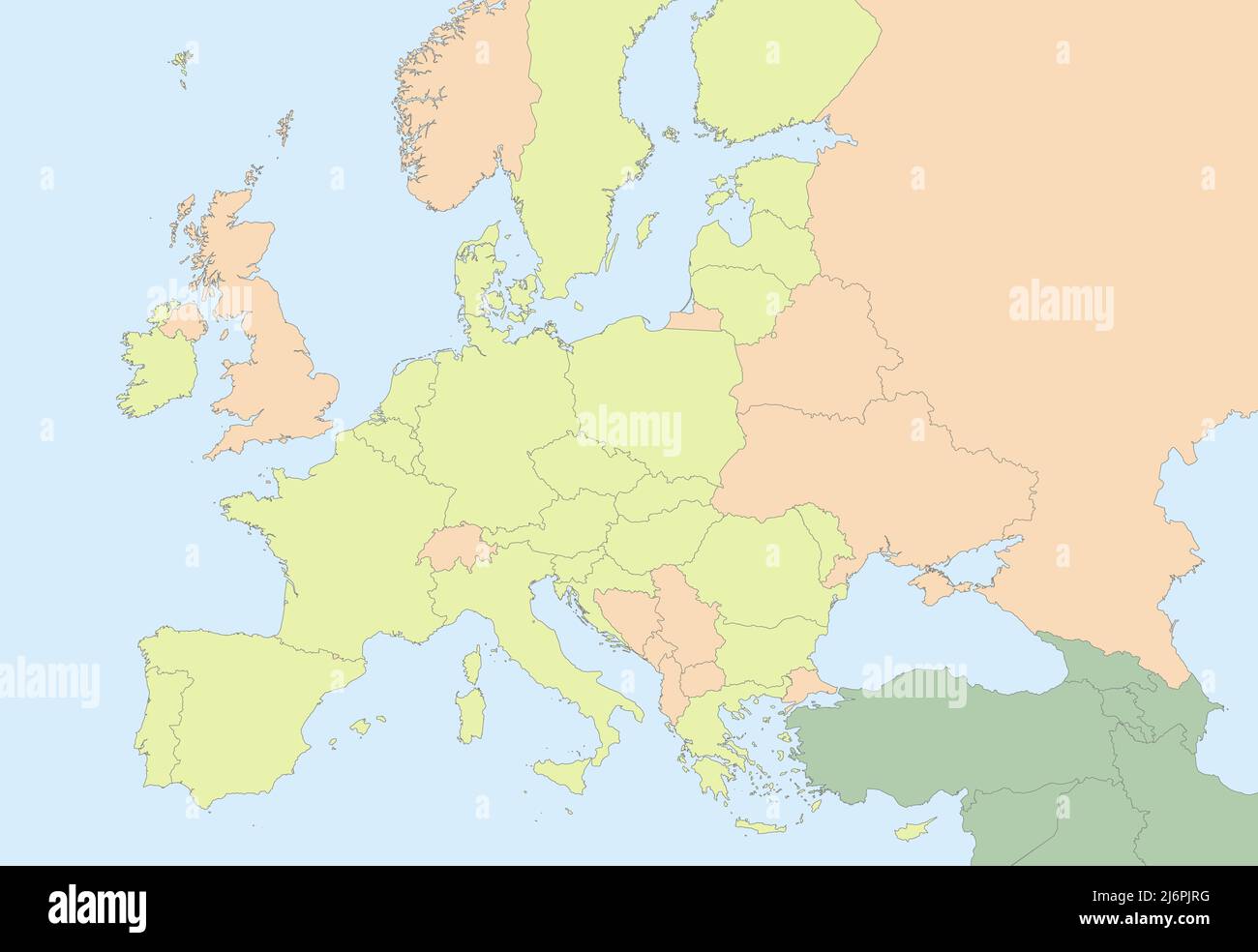 Europe with European Union and parts of Asia, classic color detailed map with states islands and sea, blank Stock Photo