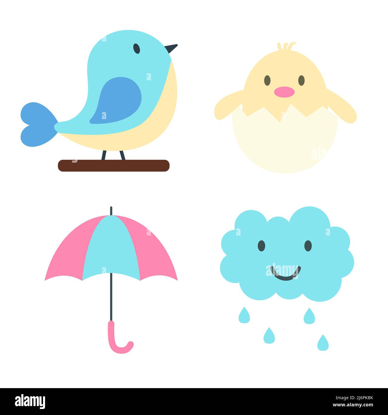Set of spring elements. Blue bird, chick in egg, umbrella and smiling cloud with rain drops. Print for sticker pack, clothes, textile, seasonal design Stock Vector