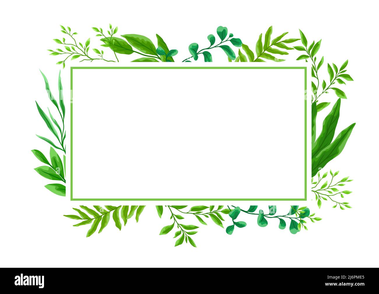 Card or background with branches and green leaves. Spring or summer