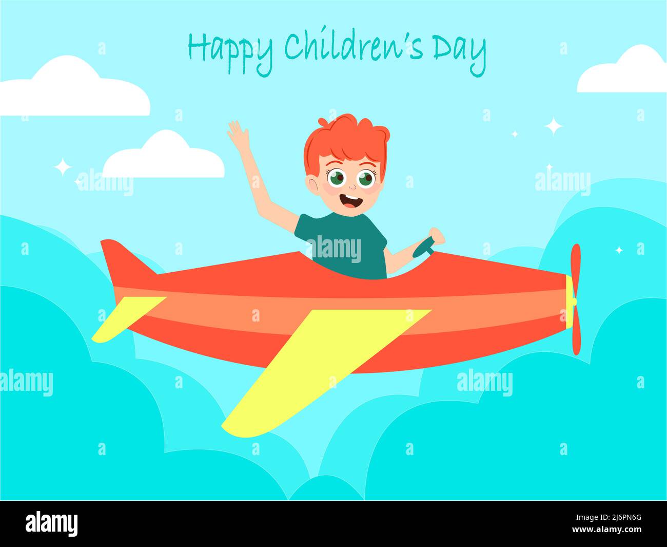 illustration of happy boy in plane near clouds and happy childrens day ...