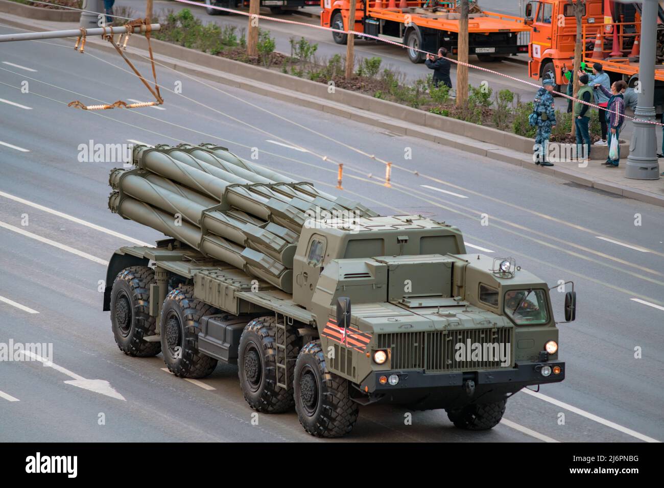 Russian heavy multiple rocket launcher BM-30 Smerch 9A52 at  Victory Parade in Moscow Stock Photo