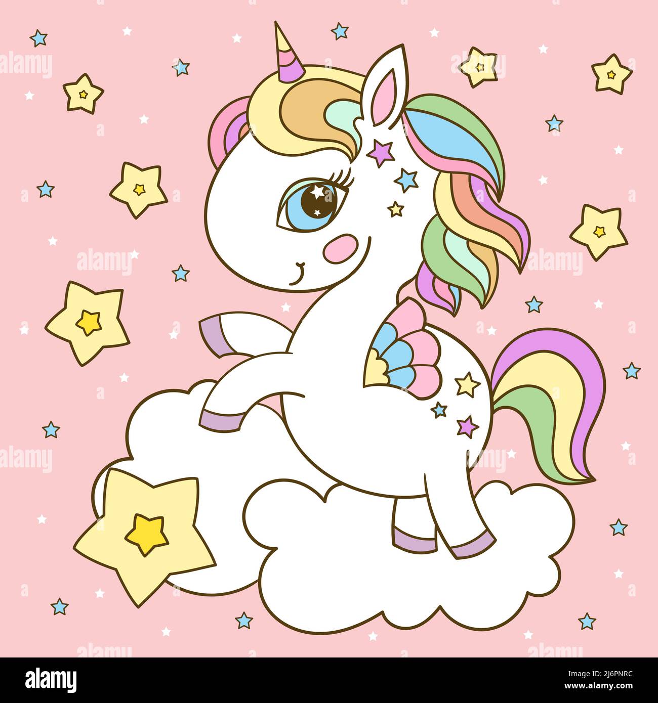 Baby unicorn on a cloud with stars.Fantastic animal. Vector Stock Vector