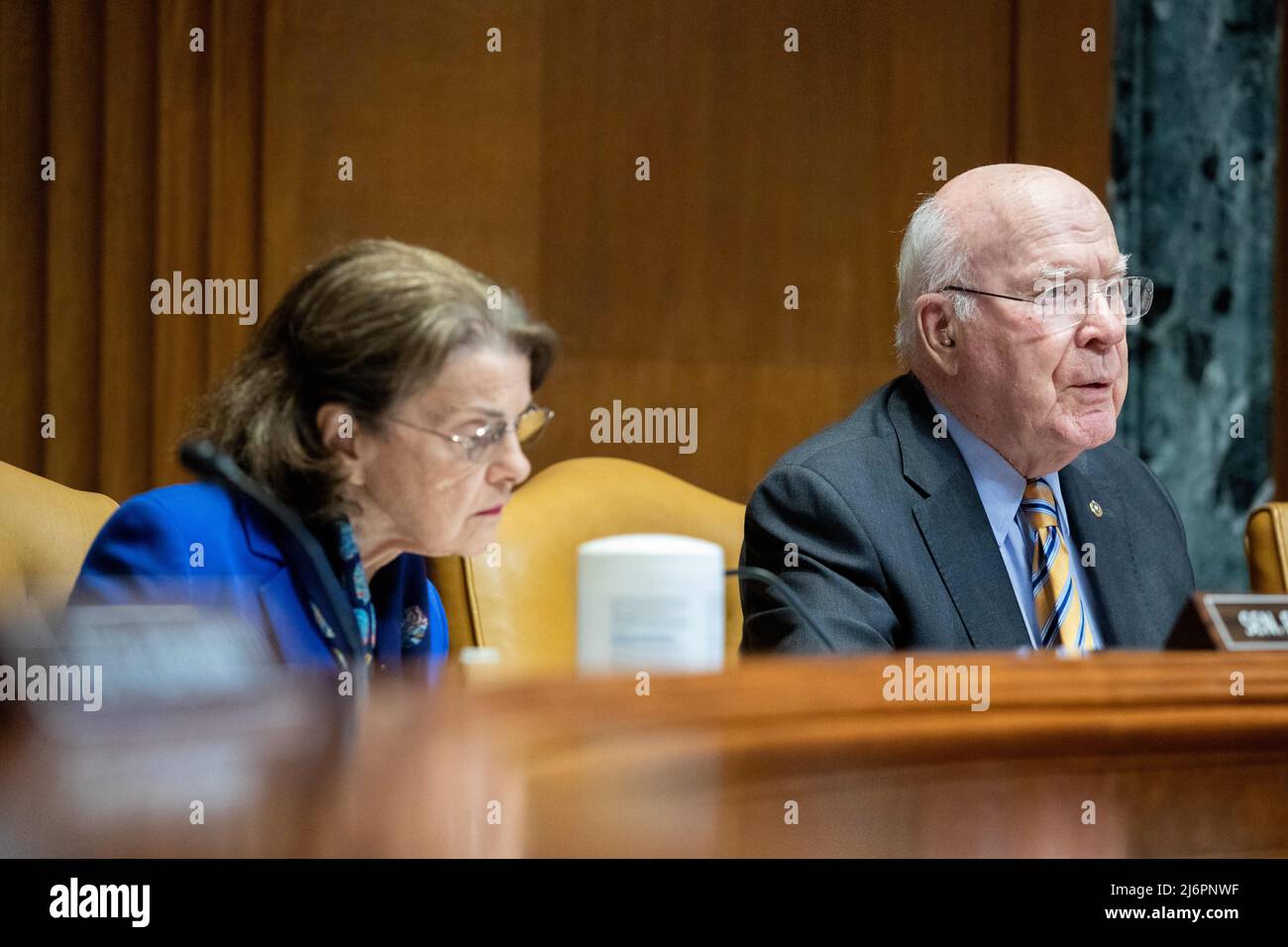 Sen. Dianne Feinstein, D-Calif., left, and Sen. Patrick Leahy, D-Vt., attend a Senate appropriations hearing in the defense subcommittee the Capitol in Washington, DC, USA, on Tuesday, May 3, 2022. Photo by Amanda Andrade-Rhoades/Pool/ABACAPRESS.COM Stock Photo
