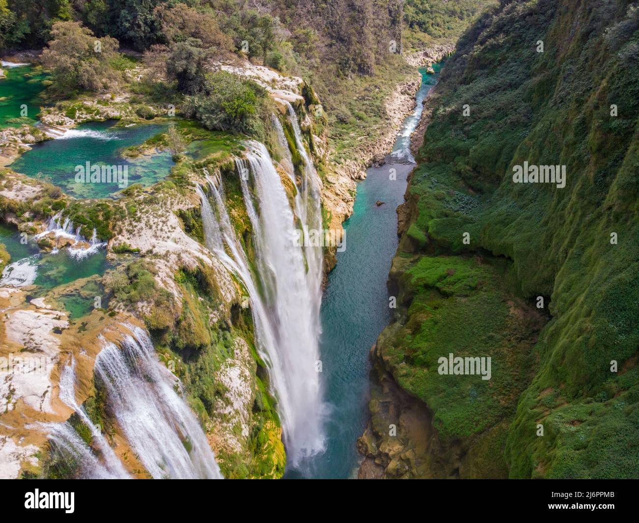 Aerial view of Beautiful Fascinating Tamul Waterfall with turquoise ...
