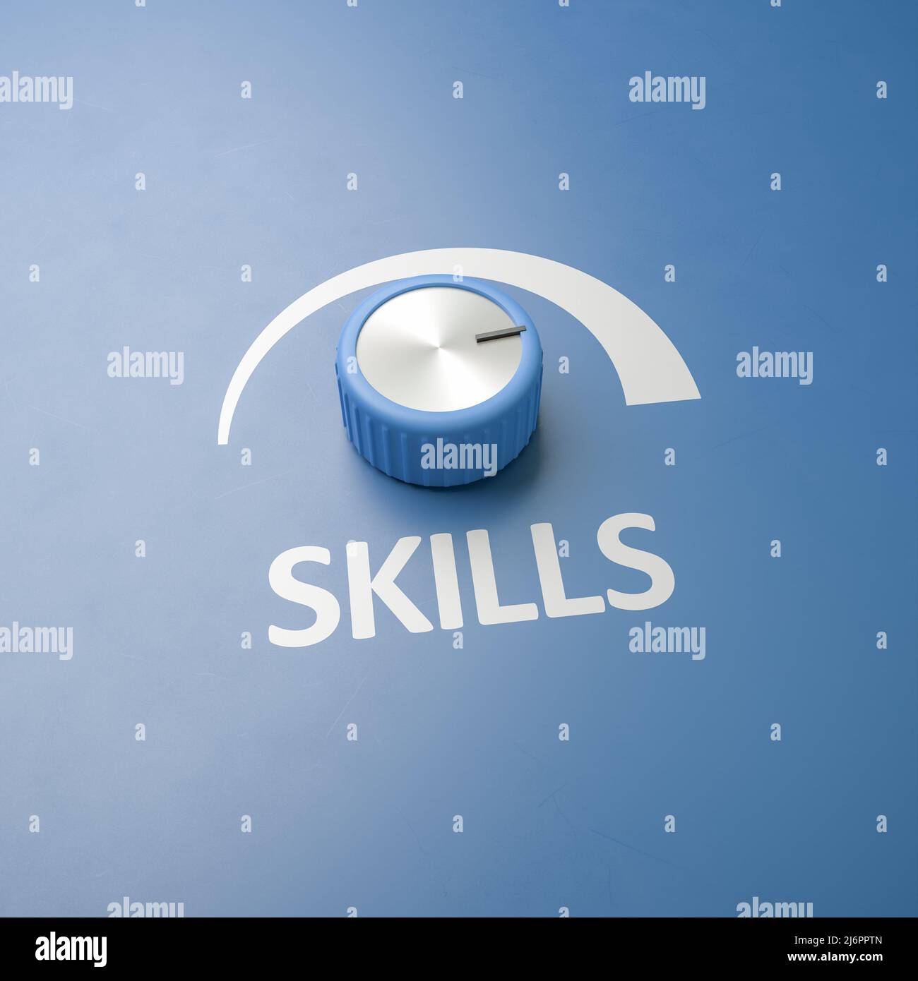 Blue Knob turned on full level with the word 'Skills' as a label - concept for measures to improve skills. Copy space around for better cropping Stock Photo