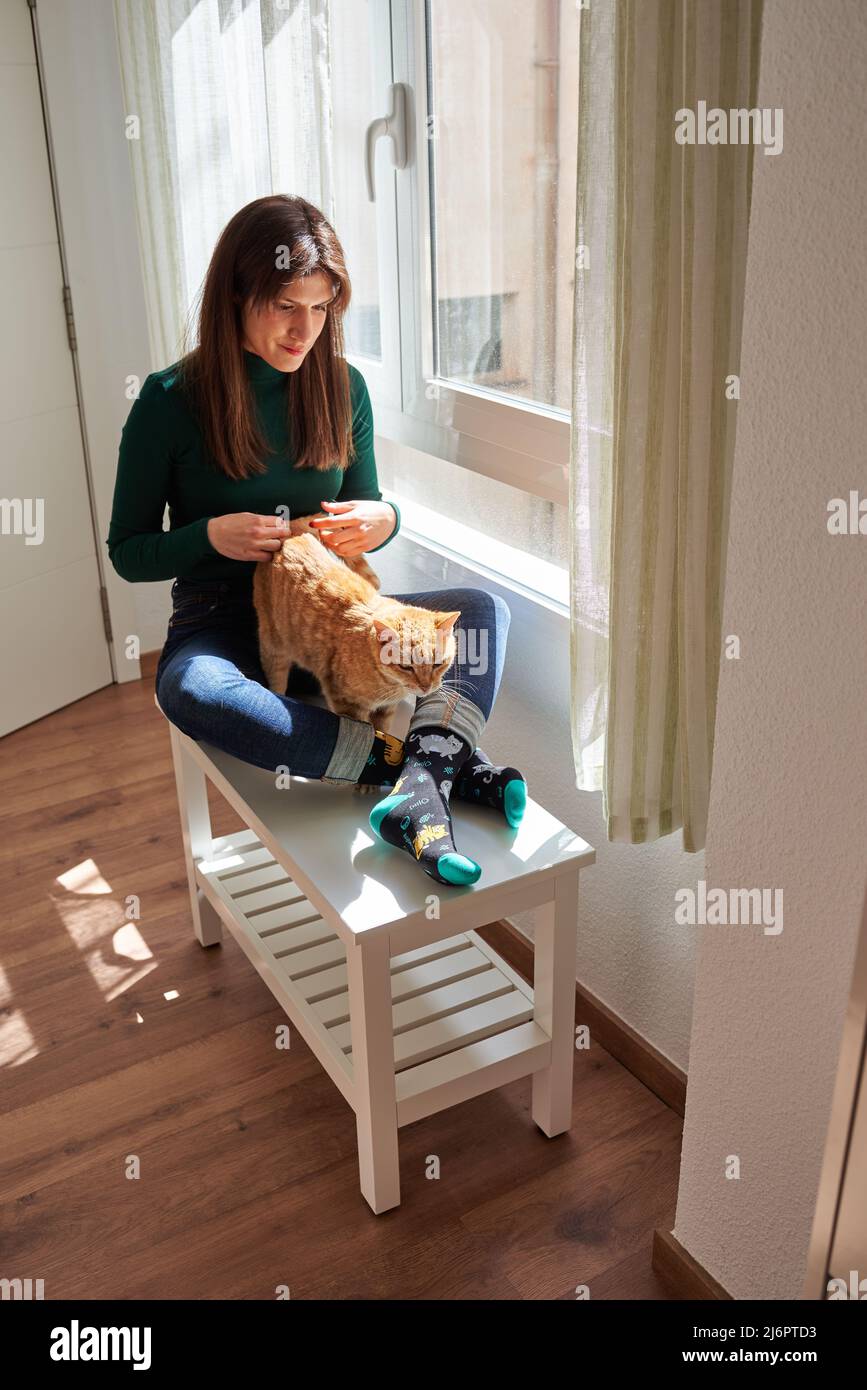 Woman stroking her cat inside her house Stock Photo
