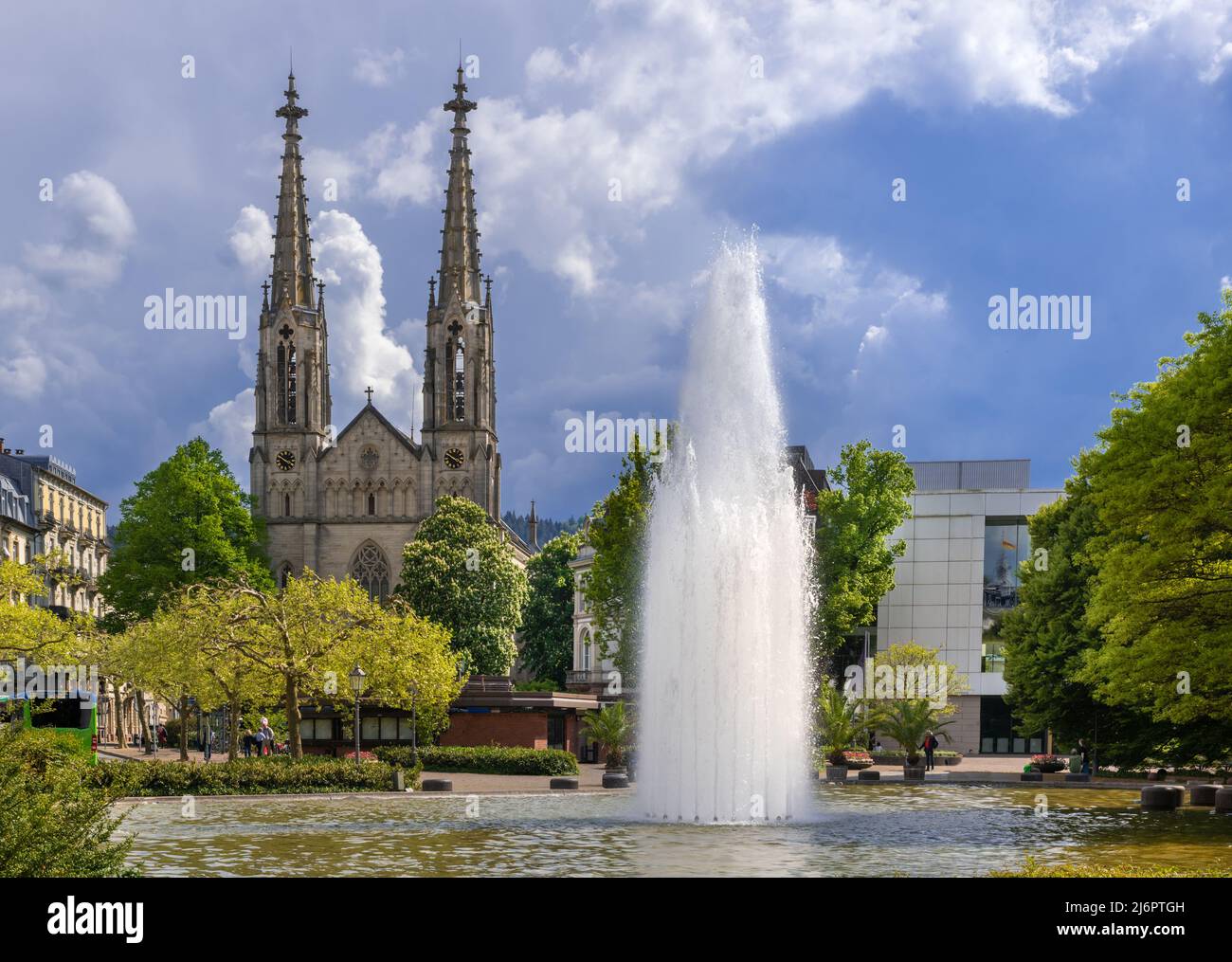 A view of the Protestant town church of Baden Baden with a water fountain. Baden Wuerttemberg, Germany, Europe Stock Photo